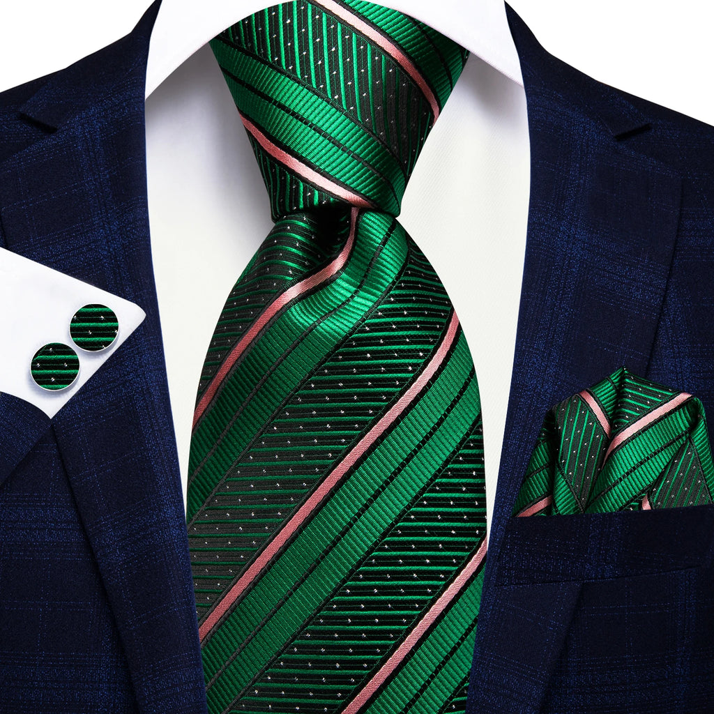 Hi-Tie Striped Black Purple Red Green Men Elegant Necktie Hanky Cufflinks for Tuxedo Fashion Classic Silk Luxury Tie for Man
