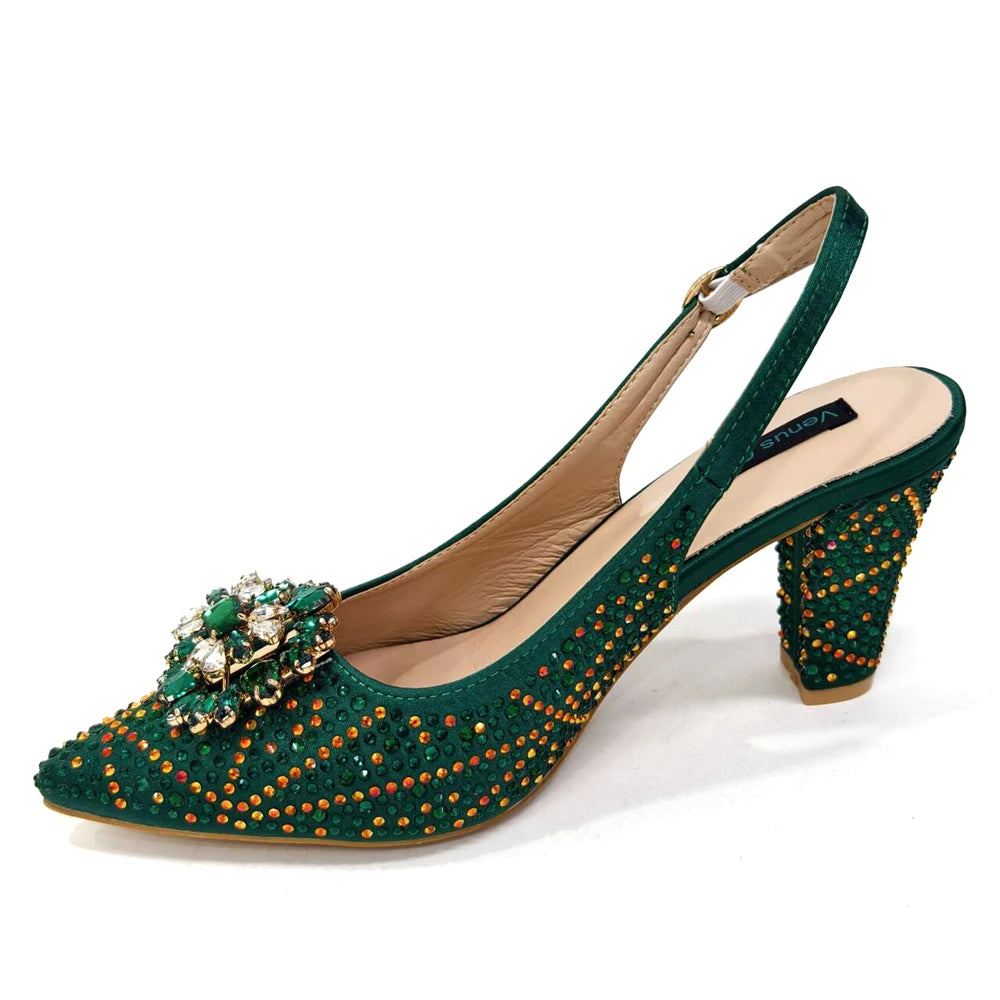 Venus Chan Nigerian Women Heel Party Ladies Italian Design Shoes And Bag Set Decorated with Rhinestone Handbag Wedding Party