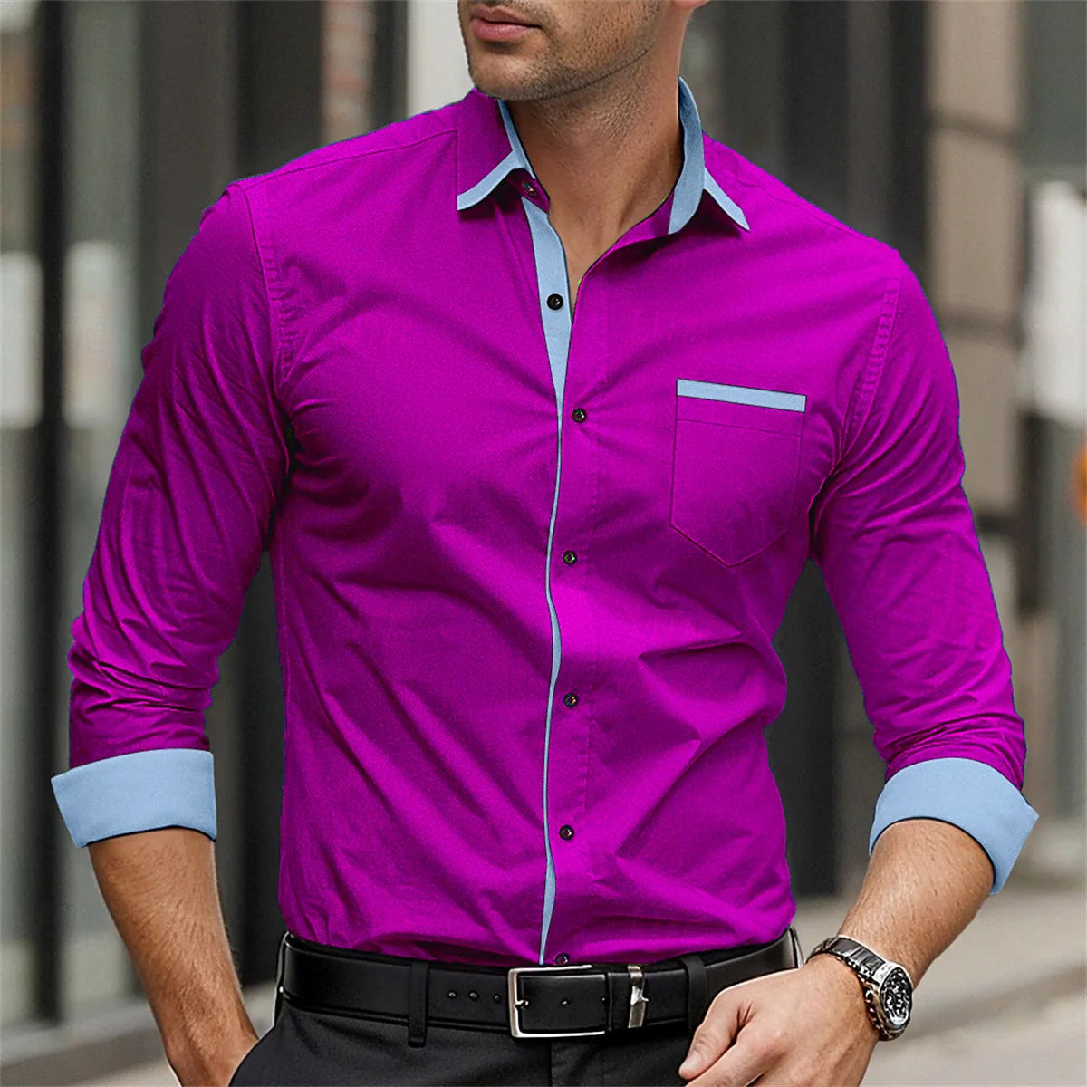 Men's formal shirt solid color splicing business casual printed shirt for spring and summer daily wear pocket comfortable shirt