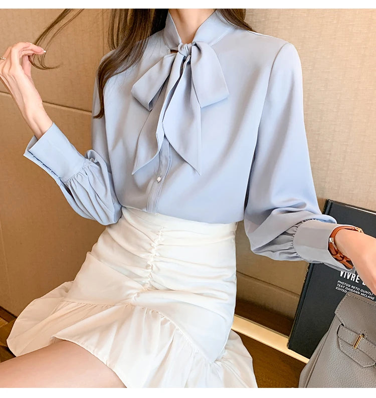 H Han Queen New Arrival Shirt Womens Blouse Vintage Work Casual Tops Chiffon Blouse Bow Elegant Loose Women Business Shirts 2021
