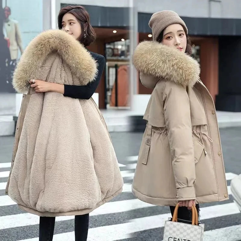 2025 Winter New Korean Edition Loose Thicken Cotton Jacket Women's Big Fur collar Hooded Coat Female Casual Warm Parker Overcoat