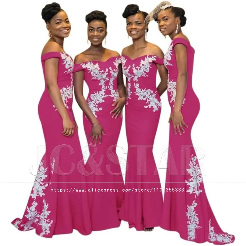 Burgundy Womens Off The Shoulder Mermaid Bridesmaid Dresses for Wedding Lace Satin Prom Dresses Long Formal Evening Gowns Africa