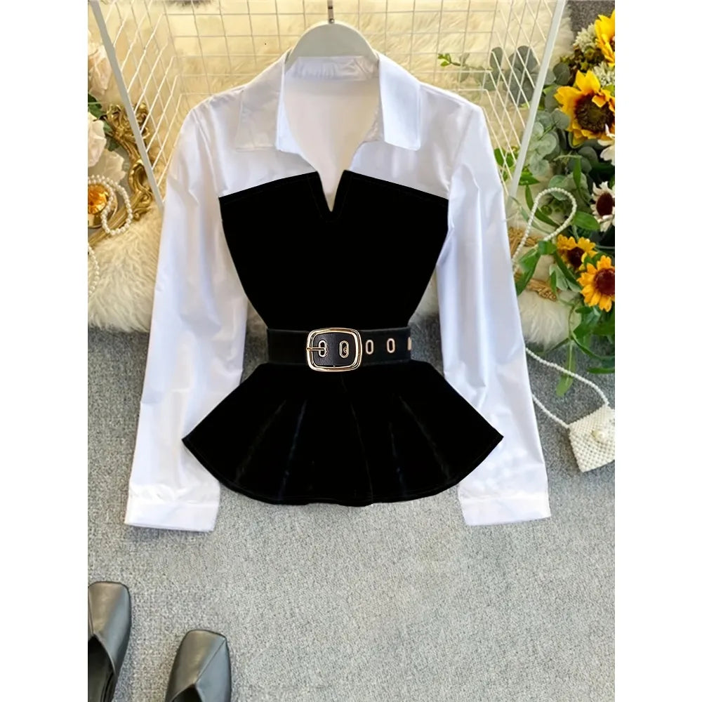 2025 women Plus Size Color Block Layered Shirt: Two-Tone Blouse Design & Belt-Free Comfort for Modern Professional Style
