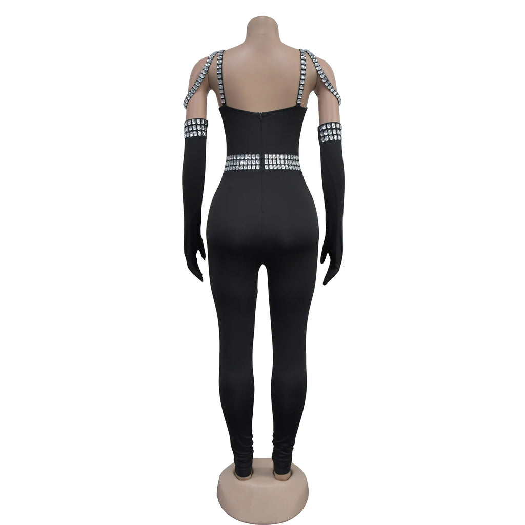 CM.YAYA Women Diamonds Hot Rhinestones Sexy Strap Long Sleeve Jumpsuits Streetwear Club One Piece Overall Rompers with Gloves