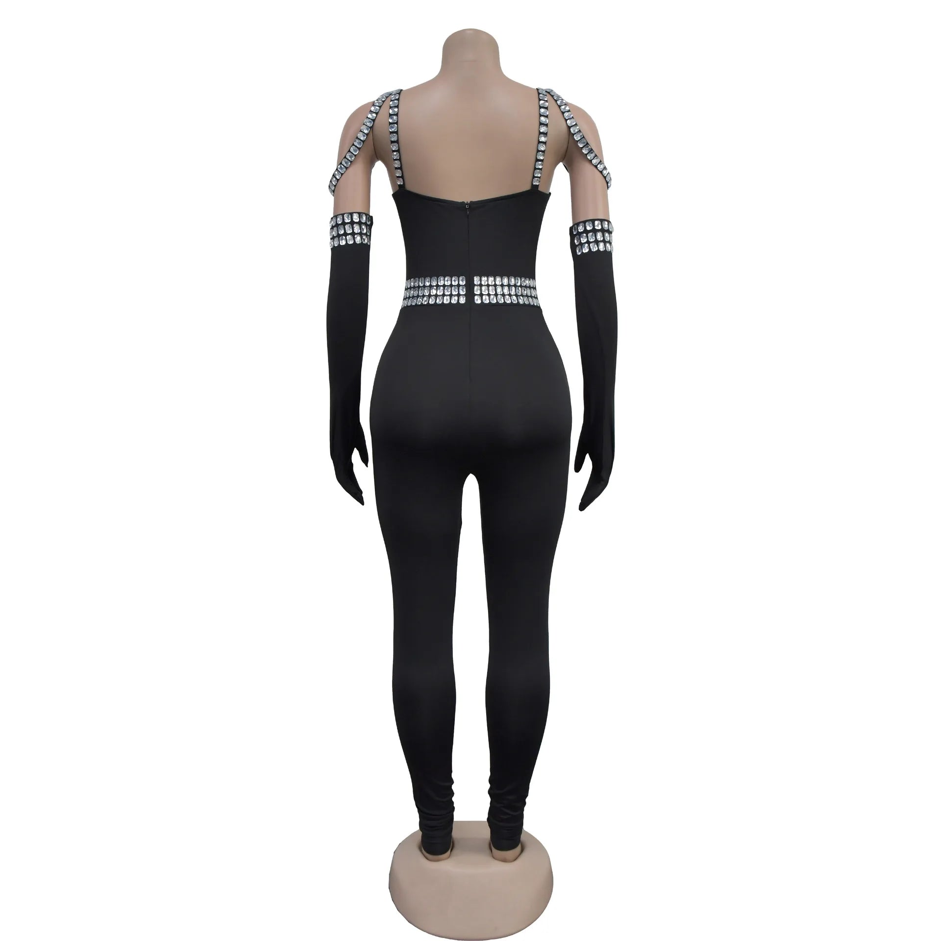CM.YAYA Women Diamonds Hot Rhinestones Sexy Strap Long Sleeve Jumpsuits Streetwear Club One Piece Overall Rompers with Gloves