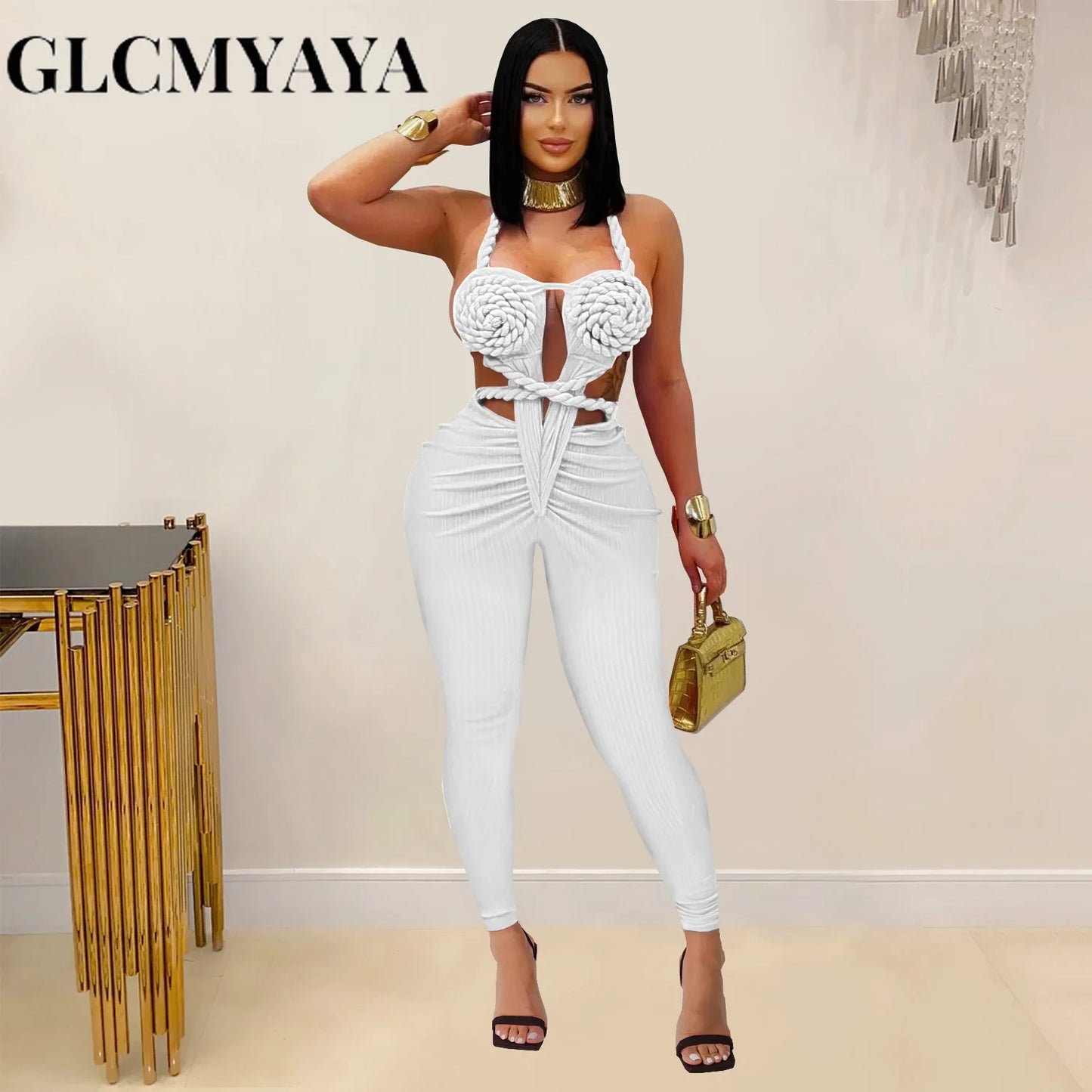GLCMYAYA Women Halter Neck Knit Ribbed Ruched Stacked Jumpsuits 2025 Summer Vacation Beach Romper Playsuit One Piece Set Outfits