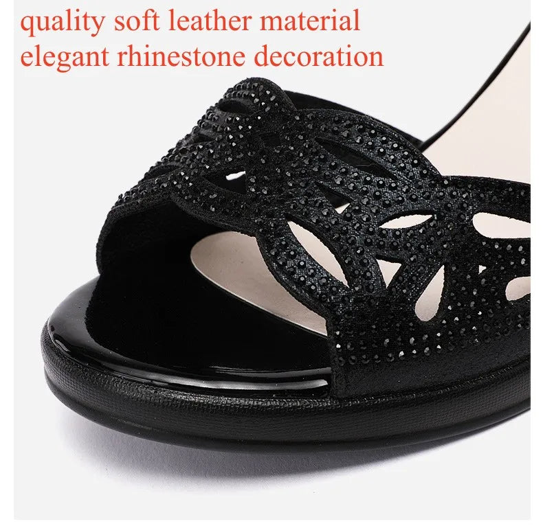 Small Size 32-43 Elegant Rhinestone Black Office Work Mom Shoes Women's Platform Sandals 2025 Summer Med Block Heels Sandals
