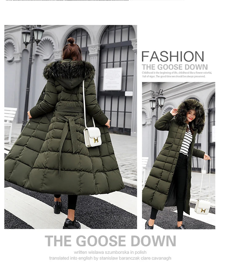 2025 Winter Women's Jacket Warm Fashion Comfortable Bow Belt Fox Fur Collar Clothes Long Dress Office Casual Women's Thick Coat