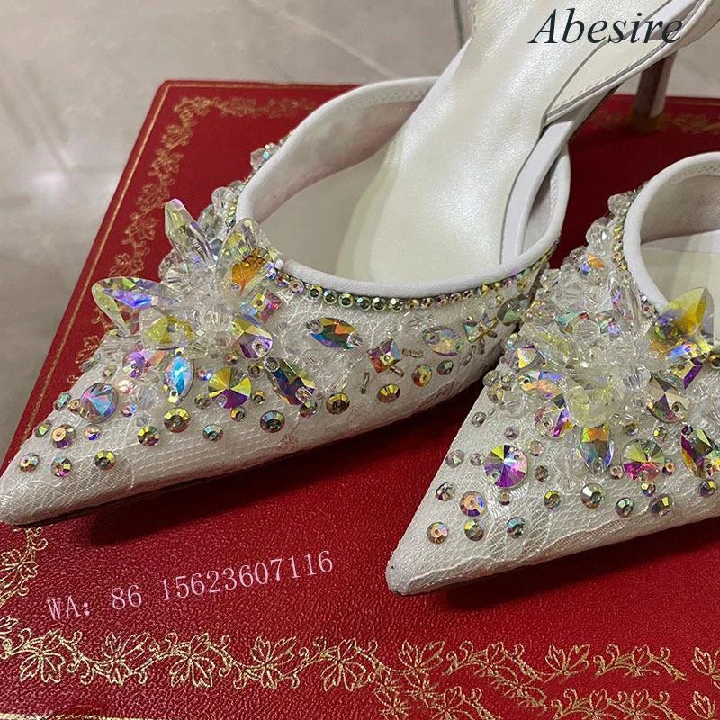 New Style White Wedding Banquet Luxury Heeled Women's Single Shoes with Pointed Toe Diamond-Decorated Stilettos Toe Cap