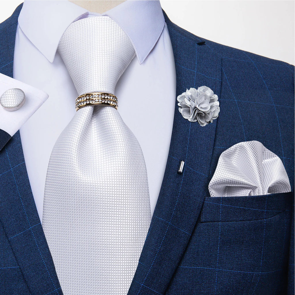 Men's Floral Red 8cm Ties Handkerchief Cufflinks Metal Ring Brooch Pin 5 Pcs Set Wedding Party Suits Accessory Gift for Husband