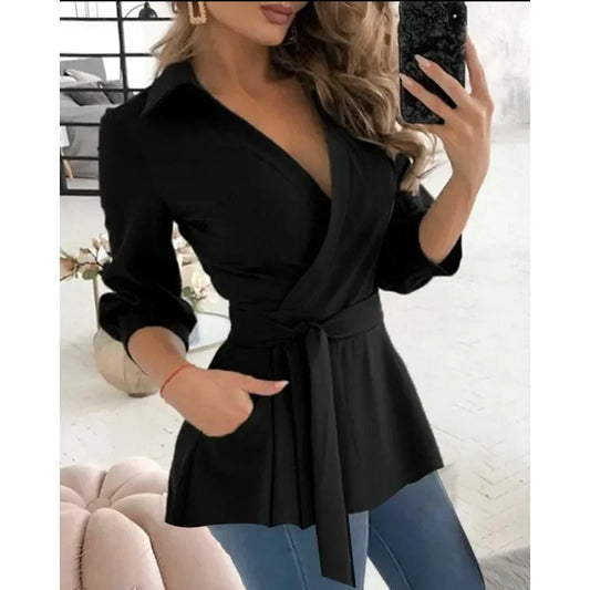 Plus Size Women's Spring/Summer Commuter Elegant Long Shirt Fashion Printed Shirt Long Sleeved Solid Color Lapel Belt Shirt