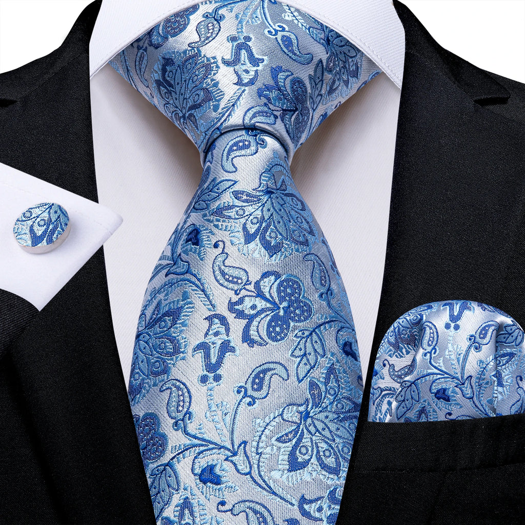 Light Blue Men's Tie Set Handkerchief Cufflinks Solid Paisley Floral Wedding Party Formal Groom Suits Accessories Gift Husband