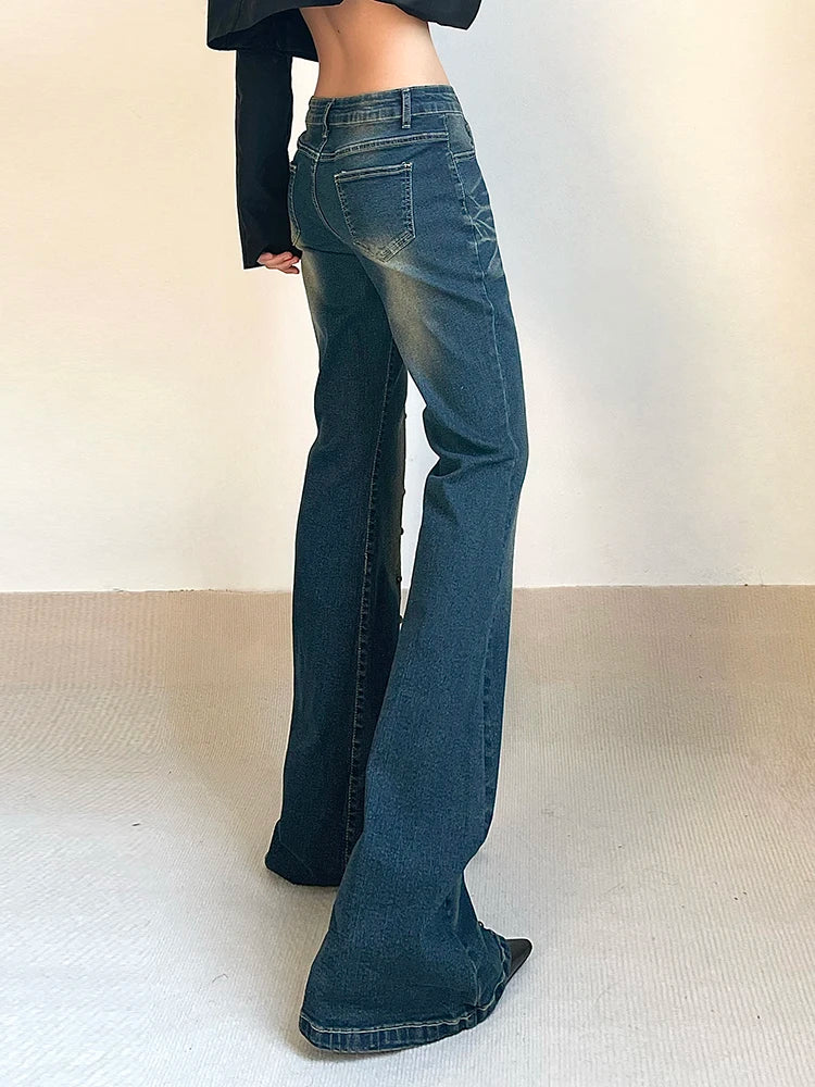 Rockmore Vintage Low Waist Flare Jeans Women Y2K Chic Rivet Slim Pencil Jean Pants Streetwear Fashion Retro Denim Trouser Korean