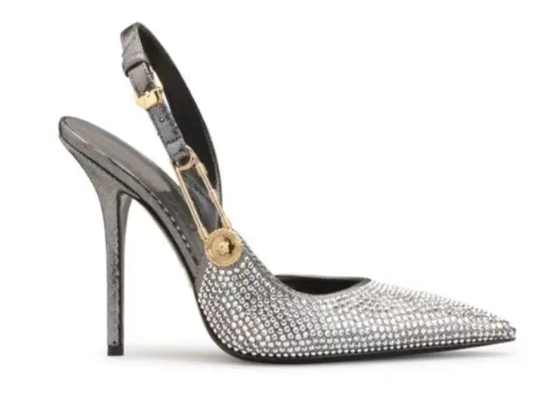 2025Women's Sexy Silk Rhinestone Pumps Belt Buckle Back Hollow Pointed Toe Thin Heel Sandals Pumps Female High Heels Party Shoes