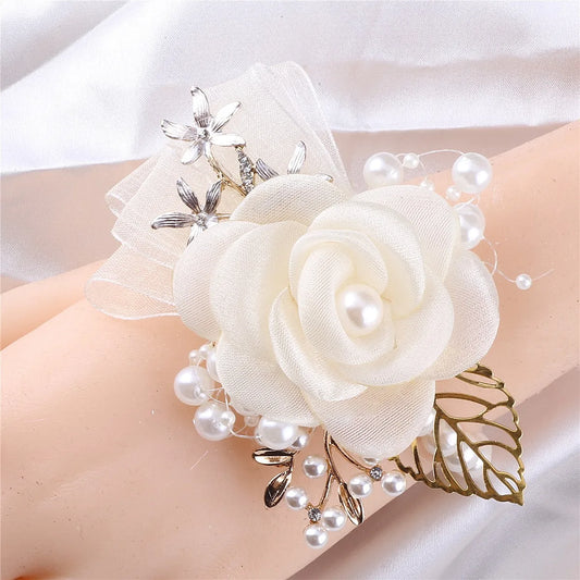 Artifical Rose Flowers Pearl Beaded Wrist Flower Ivory Flowers Bridesmaid Mensuit Marriage Wedding Accessories