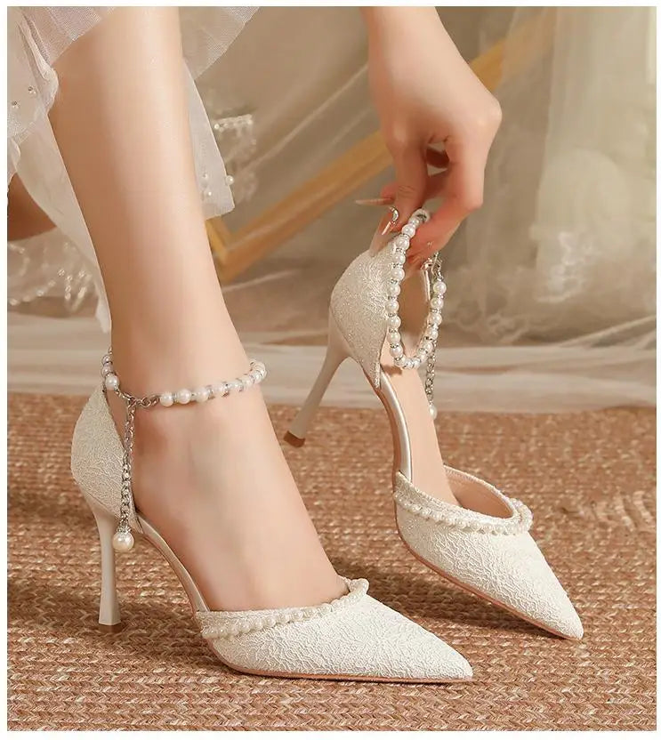 Size 30-44 Pearls Strap High Heels Lace Women White Wedding Shoes Stiletto Heel Point Toe Bride Bridesmaid