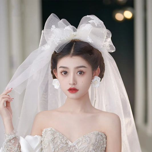 Korean Style Wedding Veil Large Bowknot Bride Veils Wedding Hair Accessories Woman's accessories