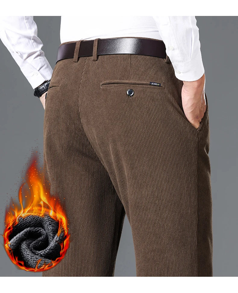 Winter New Corduroy Thick Pants Men's Fleece Fashion Business Straight Trousers Brand Comfortable Velvet Warm Plush Loose Pants
