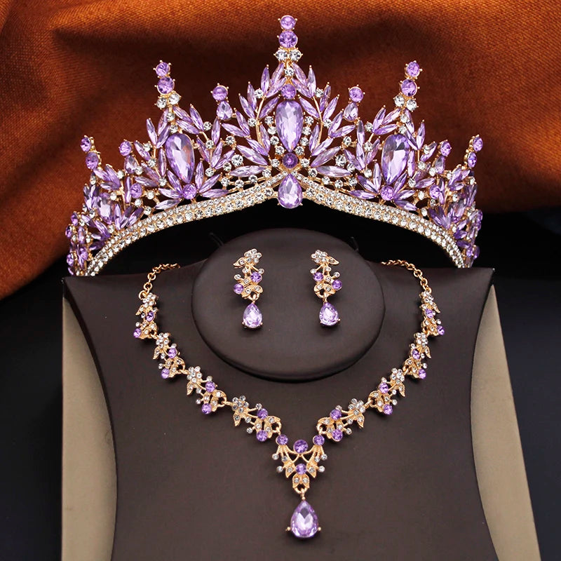 12 Color Bridal Jewelry Sets for Women Wedding Crown Girls Tiaras and Necklace Earrings Bride Party Costume Jewelry Accessories