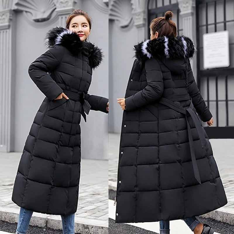 2025 Winter Women's Jacket Warm Fashion Comfortable Bow Belt Fox Fur Collar Clothes Long Dress Office Casual Women's Thick Coat