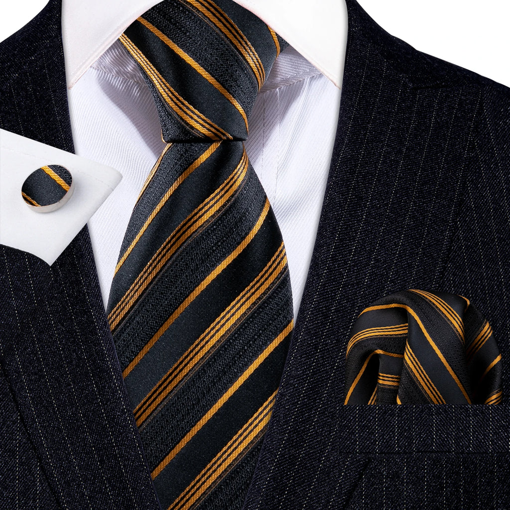 Barry.Wang Gold Silk Mens Tie Hanky Cufflinks Set Yellow Beige Orange Luxury Jacquard Necktie For Male Wedding Business Party