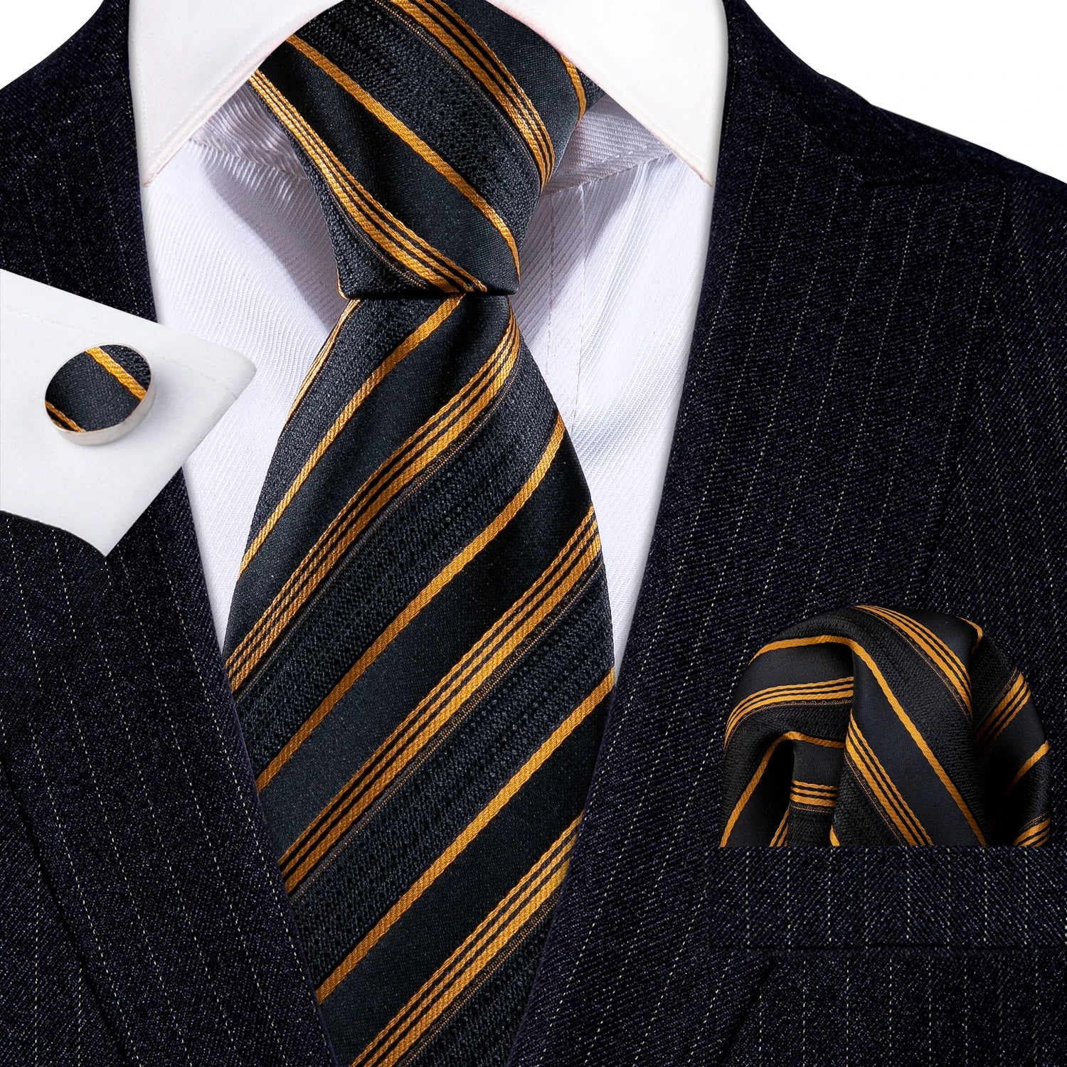 Barry.Wang Gold Silk Mens Tie Hanky Cufflinks Set Yellow Beige Orange Luxury Jacquard Necktie For Male Wedding Business Party