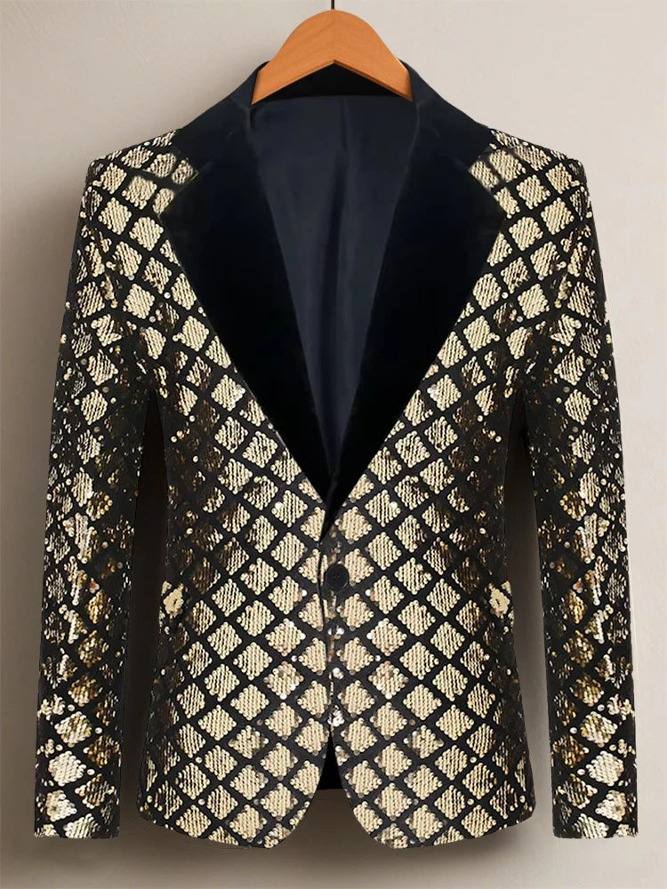 Fashion Men Luxurious Sequin Plaid Suit Jacket Stage Performance Street Performer Casual Blazer Men's Coat Long Sleeved Top