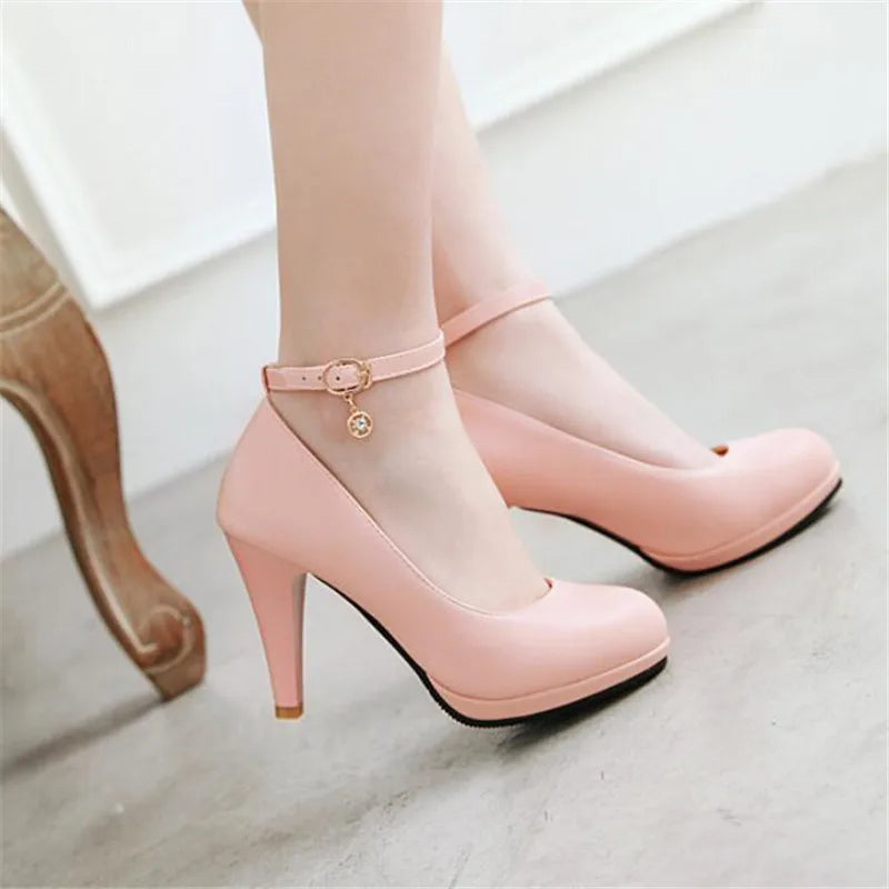 High Quality White Wedding Shoes Women Pumps High Heels Shoes With Ankle Strap Shallow Ladies Office Party Dress Shoes 31-46