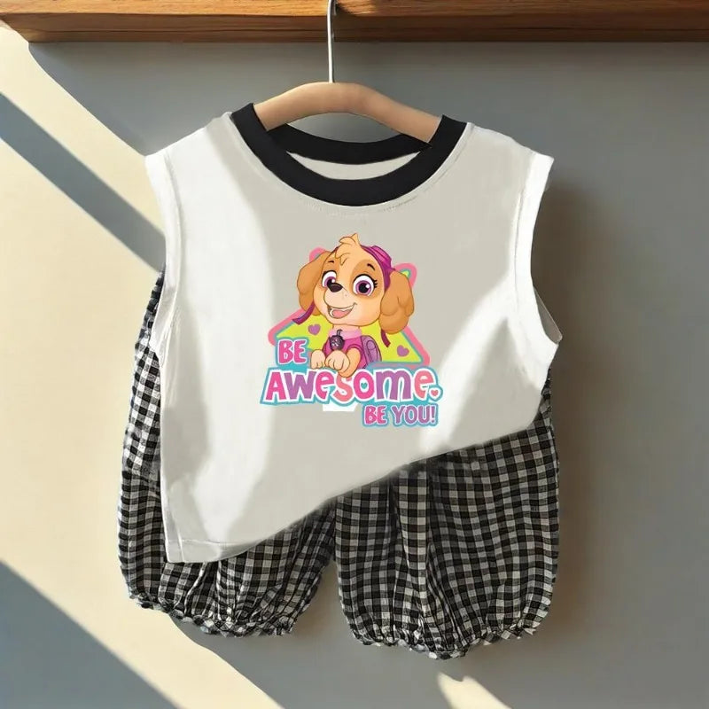 Summer Children Sleeveless Vest and Plaid Shorts 2pcs Sets PAW Patrol Boys Breathable Outfits Baby Girls Casual Clothes  Suit