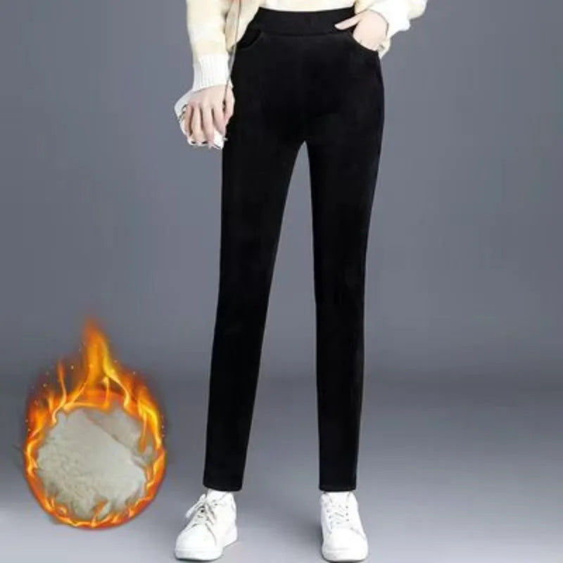 Corduroy Pants Women Winter Plush Lined Wide Leg Relaxed Fit Fleece Insulated Ribbed Trousers Vintage Street Style Leggings