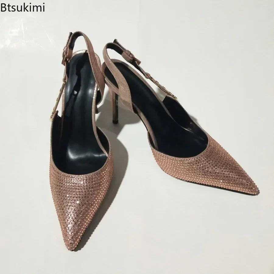 2025Women's Sexy Silk Rhinestone Pumps Belt Buckle Back Hollow Pointed Toe Thin Heel Sandals Pumps Female High Heels Party Shoes