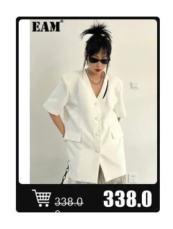 EAM Gray Spliced Pleated Personality Blazer Women New Lapel Long Sleeve Loose Fit Jacket Fashion Tide Spring Autumn 2025 30A1252