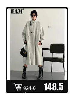 EAM Gray Spliced Pleated Personality Blazer Women New Lapel Long Sleeve Loose Fit Jacket Fashion Tide Spring Autumn 2025 30A1252
