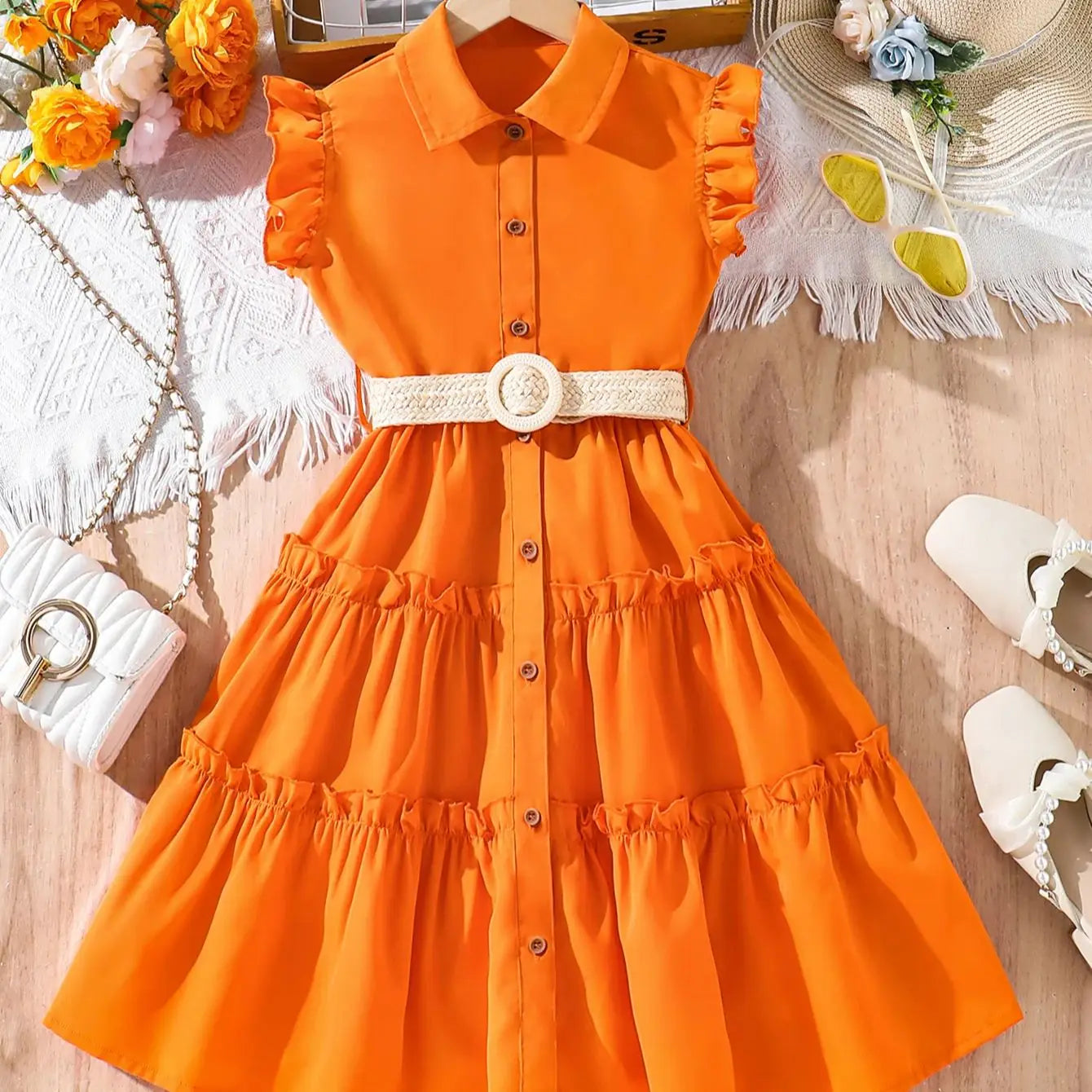 Girls' Sunset Orange Dress 2025 Summer New  Breathable Linen Blend with Woven Belt - Trendy Outdoor Kids Fashion