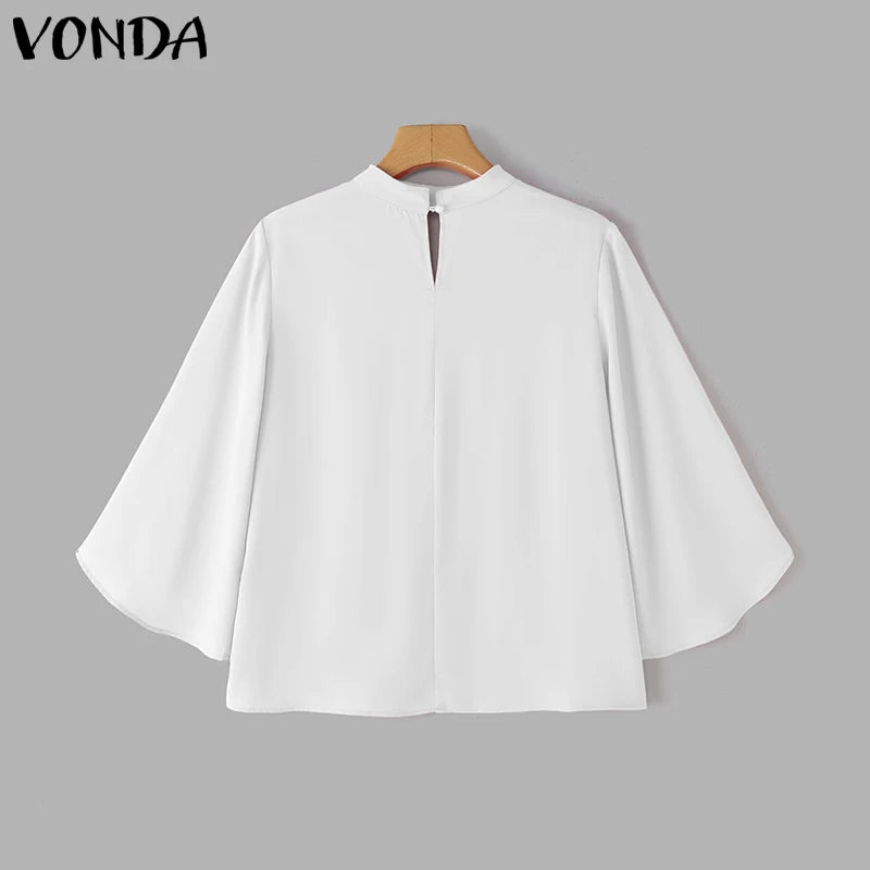 VONDA Plus Size Fashion Blouse Women Elegant OL Shirts Casual Hollow Out V Neck Solid Color Tunic Tops 3/4 Sleeve Blusas 5XL