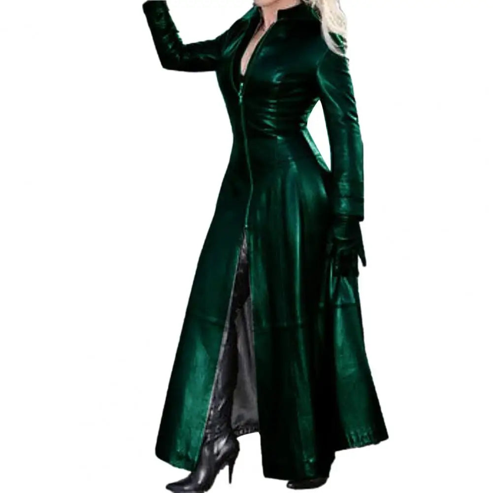 Loose Leather Jacket Trench Women Lapel Collar Zipper  Cyberpunk Coat Tight Waist Split Hem Autumn Winter Long Jacket PU