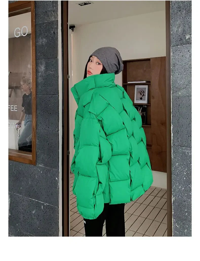 Winter Jackets for Women 2025 Thick Warm Loose Fashion Quilted Jacket Women Interchange Design High Street Green Winter Coat