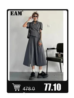 EAM Gray Spliced Pleated Personality Blazer Women New Lapel Long Sleeve Loose Fit Jacket Fashion Tide Spring Autumn 2025 30A1252