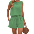 New Lady Classic Baggy Comfortable Sleeveless Top Shorts Set Women Solid Round Neck Top Female Drawstring Elastic Waisted Shorts