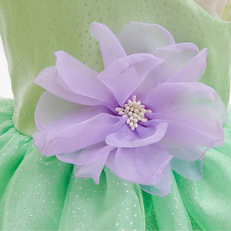 Baby Girl Clothing Flower Fairy Summer Dress For Girls Fashion Shiny Green Princess Dress Sleeveless Ruffle Children Dresses
