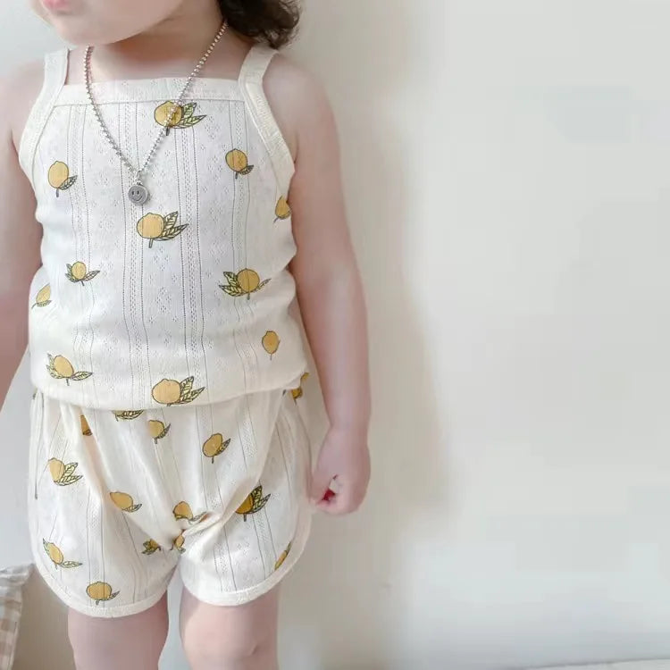 2024 Summer New Baby Sleeveless Tops And Tight Waist Shorts 2 Pieces Suit Girls Square Collar Clothing Set Kids Cotton Clothes