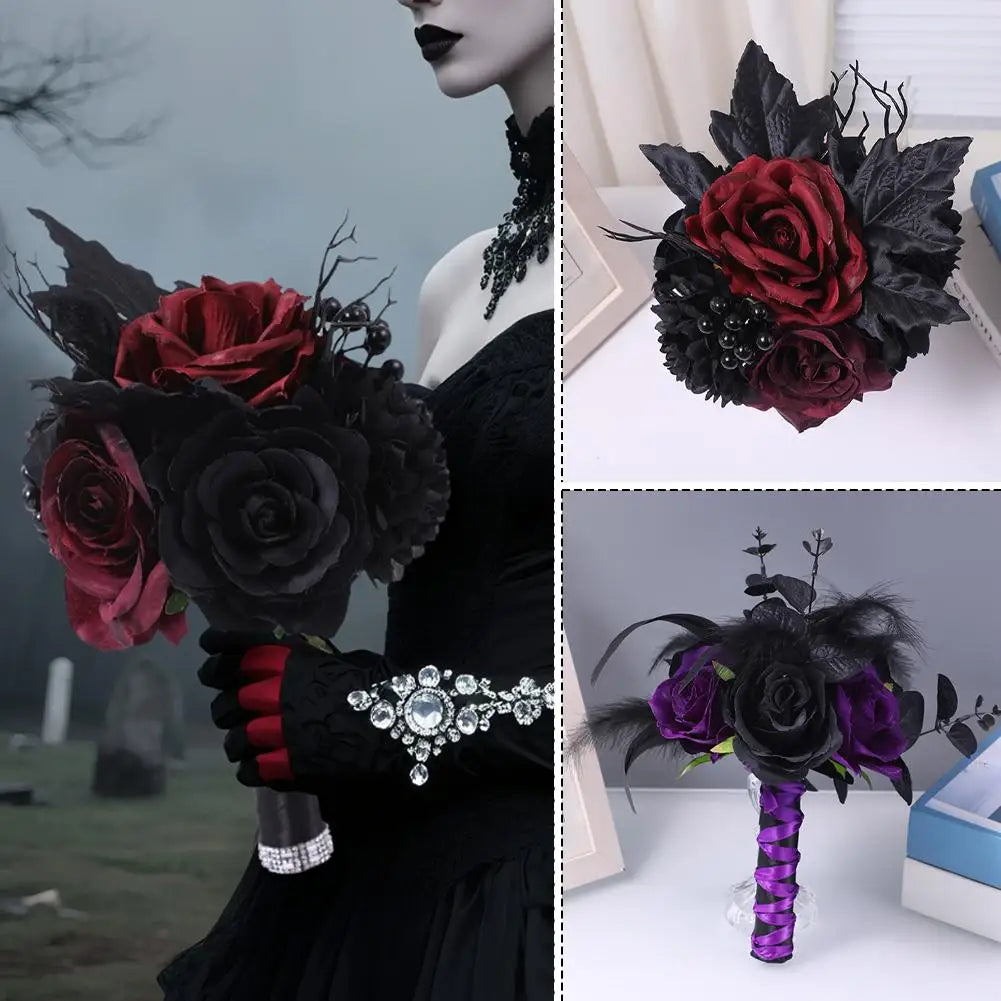 Yannew Black Burgundy Gothic Bridal Bouquets for Bride Bridesmaids Artifiicial Silk Foam Roses Flower Wedding Bouquet Halloween