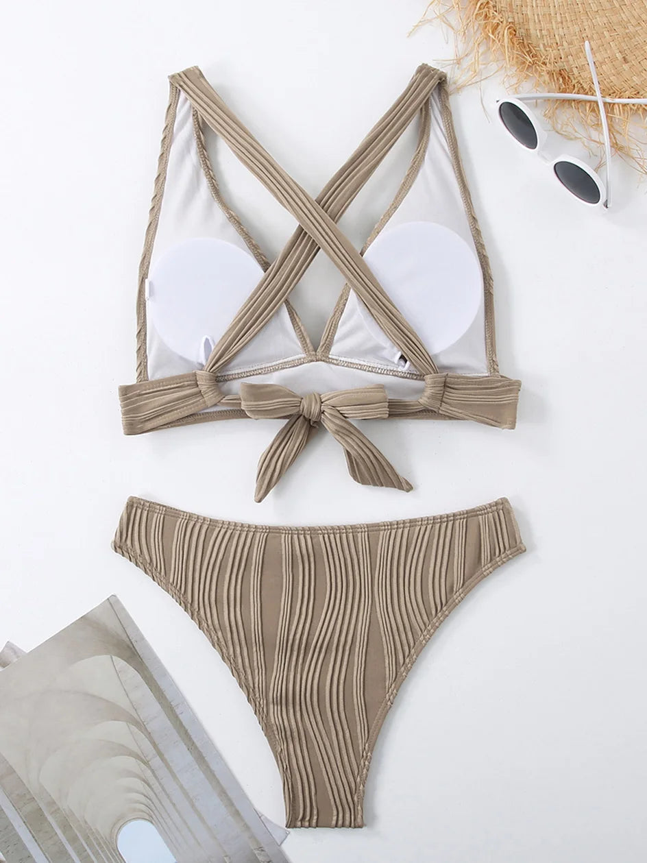 Sexy Criss Cross Tie Back Bikini Women's Swimsuit 2024 Swimwear Trend Bathing Suits Hight Waist Bikinis Sets Push Up Beach Wear