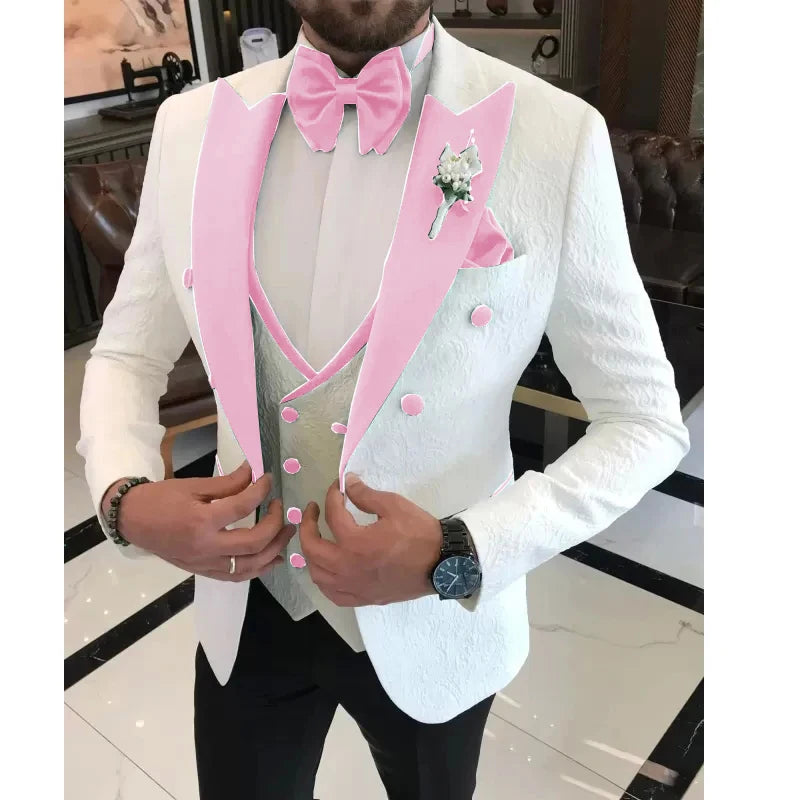 Men Wedding Suits 2024 Formal White Jacquard Men Suit Set Slim Fit Groom Tuxedos Groomsman Blazer Suits For Men 3 Piece