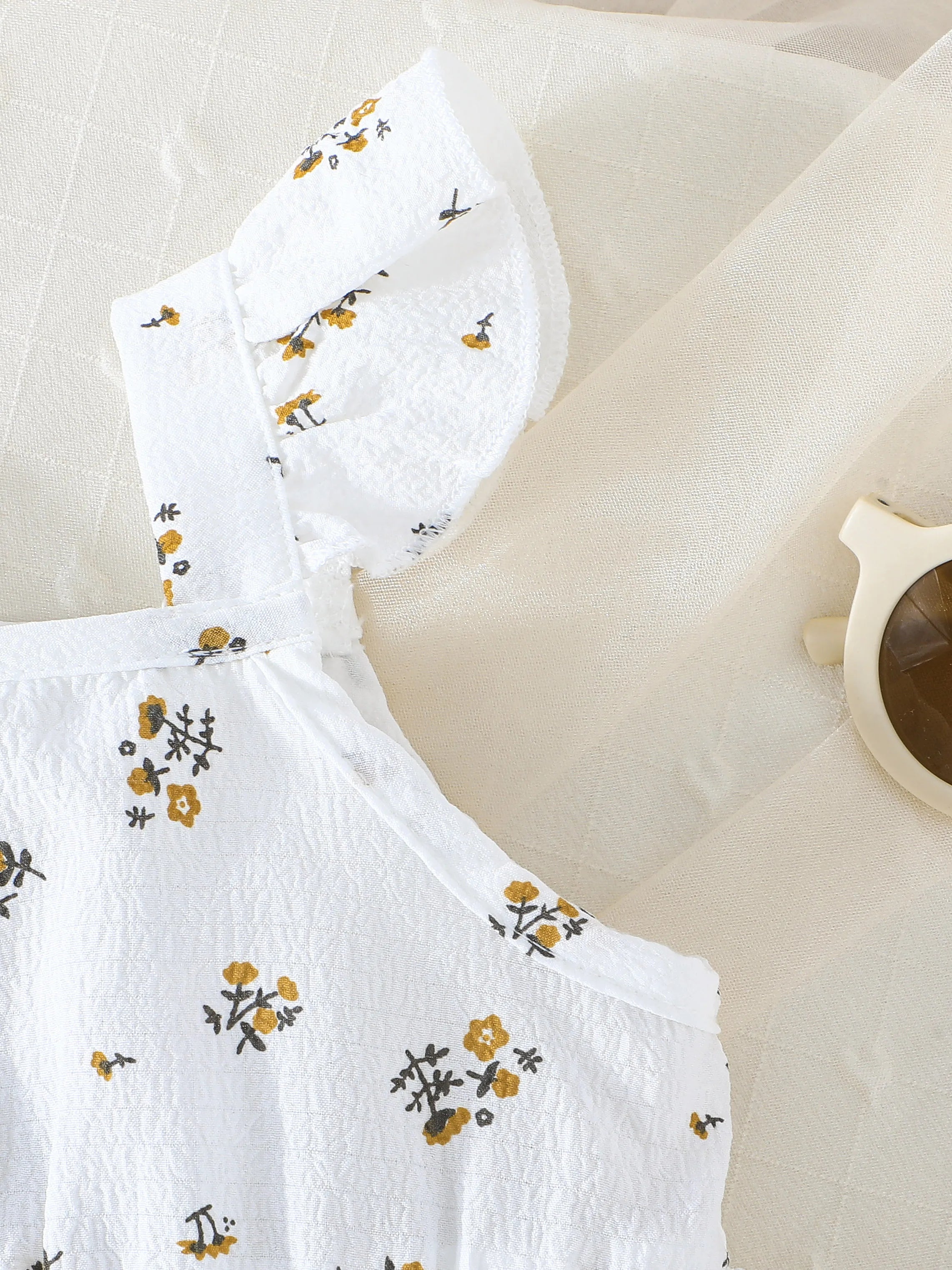 Sweet Girl's Clothing Set - Sleeveless Ruffled - shoulder Blouse with Floral Motifs, Matching Floral - print Shorts, and a Coord