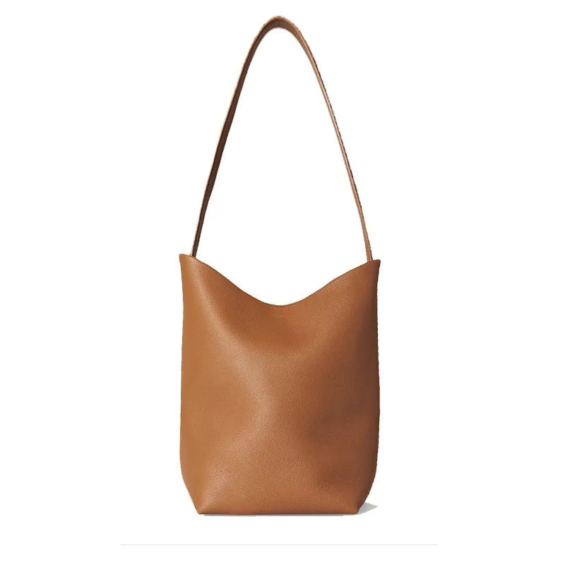2025 New Leather Large Capacity Bucket Bag, Lychee Pattern, Cowhide, Commuting Tote Bag, Shoulder Bag, Hand-held Women's Bag