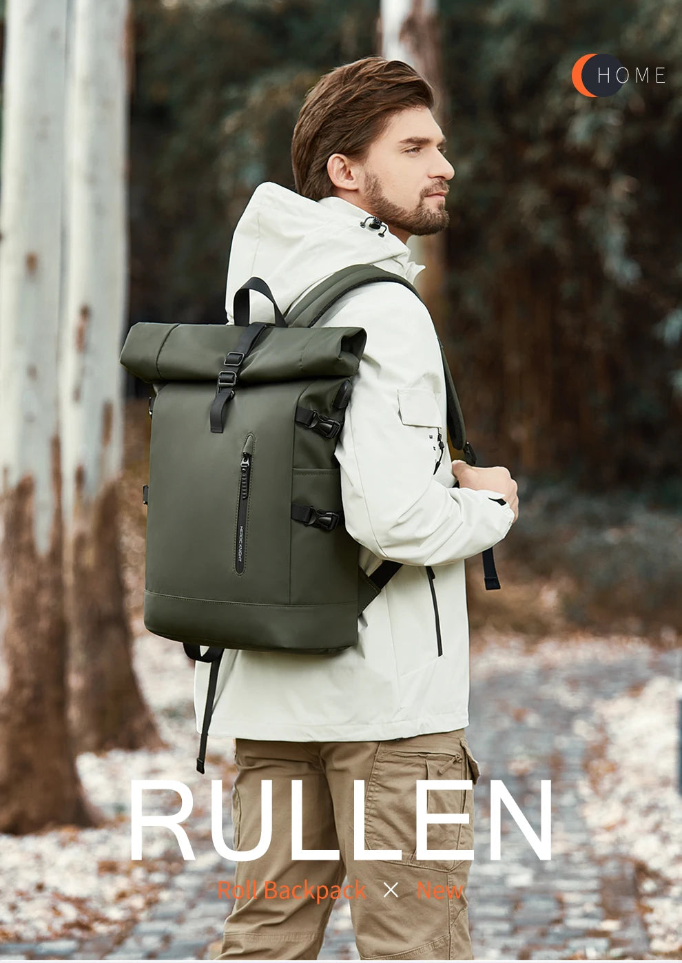 HK Expandable Waterproof Travel Backpack for Men Roll-Top Large Capacity 15.6 Inch Laptop Backpack with USB Hiking Camping Pack