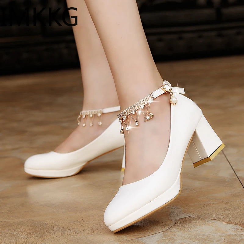 White Women Wedding Shoes Crystal Preal Ankle Strap Bridal Shoes Woman Dress Shoes Seay Pumps Sweet Party Shoes