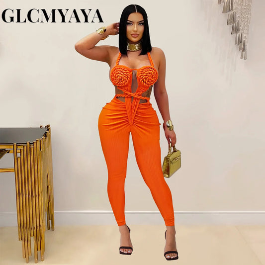 GLCMYAYA Women Halter Neck Knit Ribbed Ruched Stacked Jumpsuits 2025 Summer Vacation Beach Romper Playsuit One Piece Set Outfits
