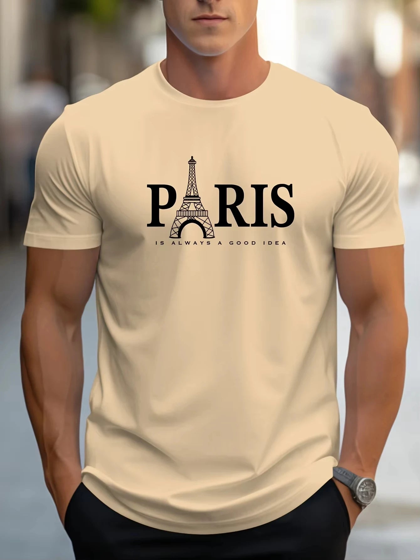 (Uniqlo）Men's 100% Pure Cotton Summer Loose Size Paris Letter Print Comfortable Short Sleeved T-Shirt Top Men Clothing Tshirt